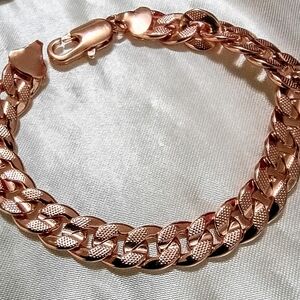 Rose Pink Gold Over 925 Silver Cuban Textured Link 7.5" Bracelet